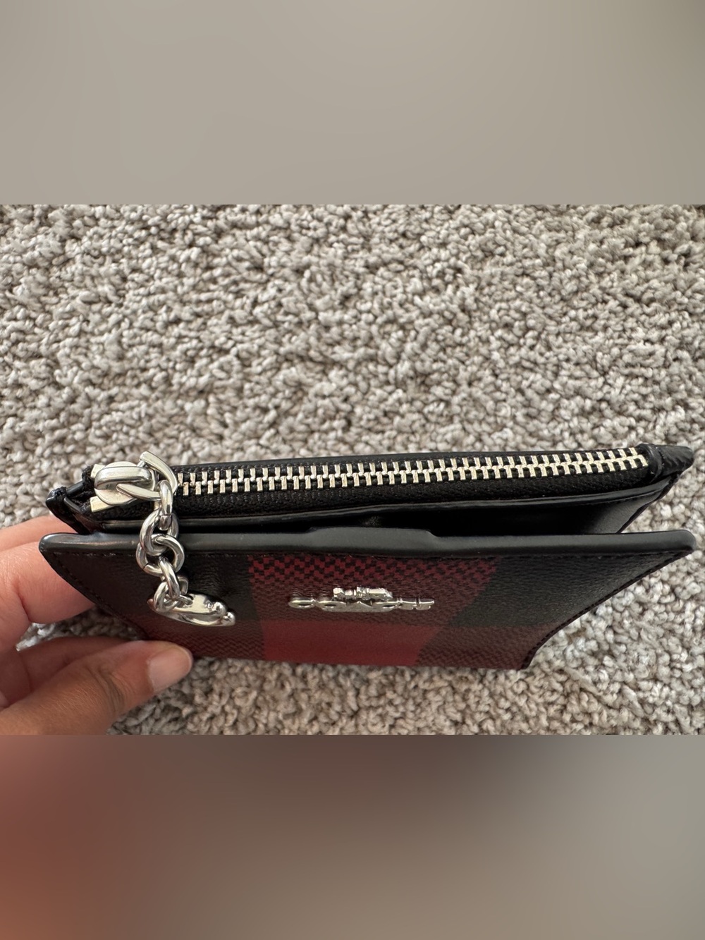 COACH Red and Black Plaid Bifold snap Leather Zip wallet - Picture 4 of 5
